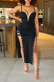 Black Sexy Patchwork Rhinestone Spaghetti Strap Irregular Dress Dresses