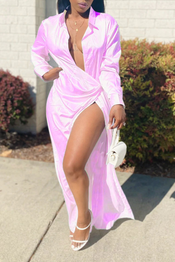 Pink Casual Solid Patchwork Turndown Collar Shirt Dress Dresses