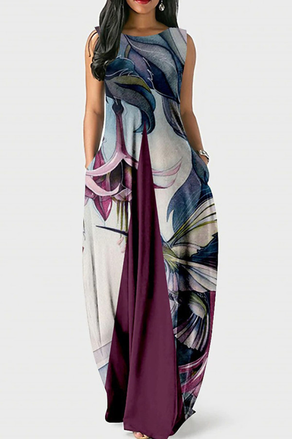 Fuchsia Casual Print Patchwork O Neck Lantern Dress Dresses