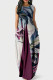 Fuchsia Casual Print Patchwork O Neck Lantern Dress Dresses