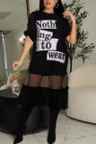 Black Casual Print Patchwork O Neck Short Sleeve Two Pieces