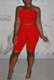 Red Casual Solid Patchwork Halter Sleeveless Two Pieces