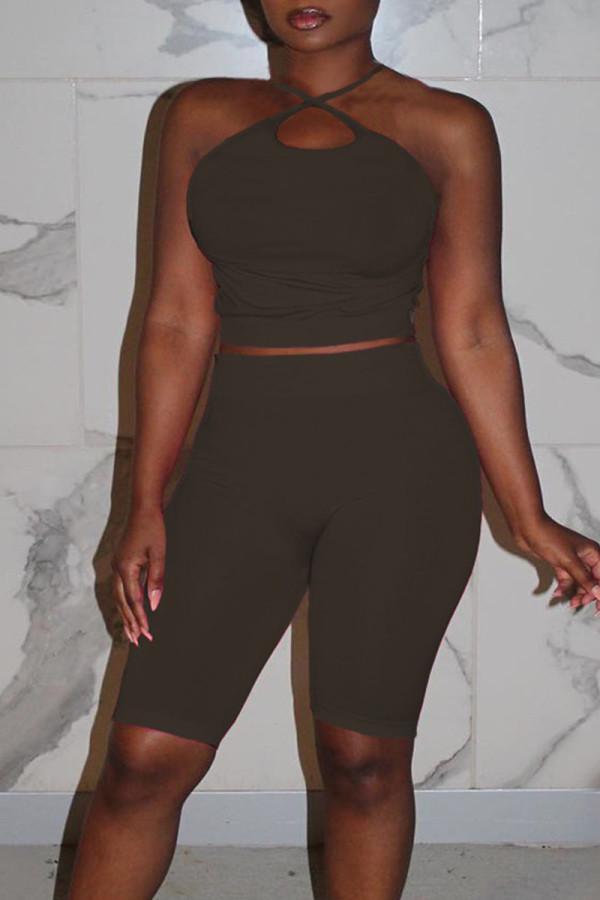 Black Casual Solid Patchwork Halter Sleeveless Two Pieces