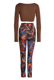 Coffee Sexy Print Patchwork V Neck Long Sleeve Two Pieces