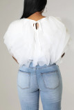 White Fashion Sweet Solid Patchwork Asymmetrical O Neck Tops