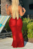 Red Sexy Solid Patchwork See-through Backless Halter Sleeveless Two Pieces