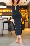 Black Sexy Patchwork Rhinestone Spaghetti Strap Irregular Dress Dresses
