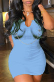 Sky Blue Fashion Casual Print Patchwork V Neck Vest Dress