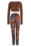 Coffee Sexy Print Patchwork V Neck Long Sleeve Two Pieces