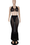 Red Sexy Solid Patchwork See-through Backless Halter Sleeveless Two Pieces