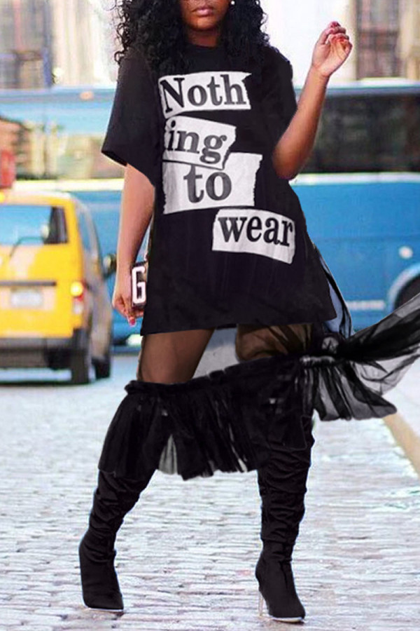 Black Casual Print Patchwork O Neck Short Sleeve Two Pieces
