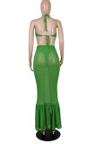 Red Sexy Solid Patchwork See-through Backless Halter Sleeveless Two Pieces