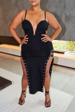 Black Sexy Patchwork Rhinestone Spaghetti Strap Irregular Dress Dresses