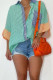 Green Casual Striped Print Patchwork Buckle Turndown Collar Tops