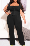 Black Sexy Solid Draw String Square Collar Plus Size Two Pieces