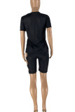 Black Casual Print Patchwork O Neck Short Sleeve Two Pieces