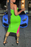 Green Casual Print Patchwork Slit Strapless One Step Skirt Dresses