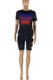 Black Casual Print Patchwork O Neck Short Sleeve Two Pieces