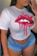 White Sexy Lips Printed Patchwork Letter O Neck T-Shirts