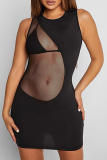 Black Sexy Solid Mesh O Neck Pencil Skirt Dresses