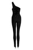 Pink Sexy Solid Hollowed Out One Shoulder Skinny Jumpsuits