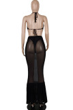 Red Sexy Solid Patchwork See-through Backless Halter Sleeveless Two Pieces
