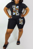 Black Red Fashion Casual Print Basic O Neck Short Sleeve Two Pieces