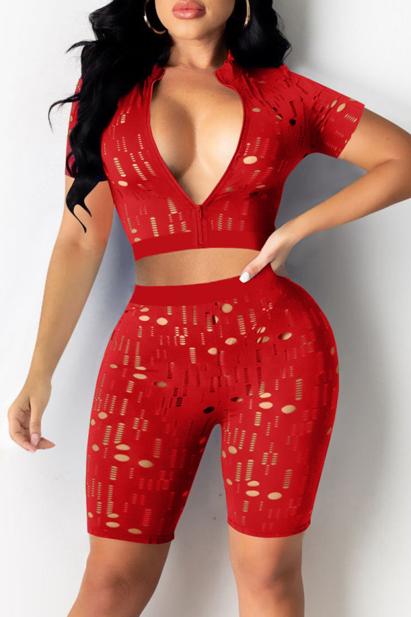 Red Fashion Sexy Solid Ripped Hollowed Out Short Sleeve Two Pieces