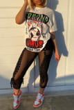 White Fashion Casual Print Basic O Neck T-Shirts