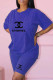 Royal Blue Fashion Casual Print Letter O Neck Short Sleeve Two Pieces