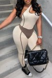 Bare Color Sexy Solid Patchwork One Shoulder Skinny Jumpsuits