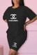 Black Fashion Casual Print Letter O Neck Short Sleeve Two Pieces