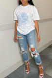 White Fashion Casual Print Basic O Neck T-Shirts