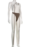 Bare Color Sexy Solid Patchwork One Shoulder Skinny Jumpsuits