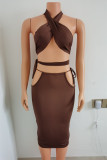 Apricot Fashion Sexy Solid Bandage Hollowed Out Backless Halter Sleeveless Two Pieces
