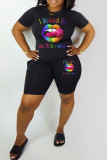 Black Red Fashion Casual Print Basic O Neck Short Sleeve Two Pieces