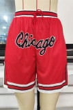 Red Fashion Casual Letter Print Patchwork Regular High Waist Shorts
