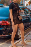 Black Sexy Print Patchwork O Neck Pencil Skirt Dresses