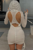 White Sexy Solid Hollowed Out Hooded Collar Pencil Skirt Dresses