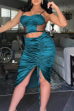 Ink Green Sexy Solid Bandage Hollowed Out Patchwork Draw String See-through Backless Spaghetti Strap Sleeveless Dress