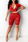 Red Fashion Sexy Solid Ripped Hollowed Out Short Sleeve Two Pieces