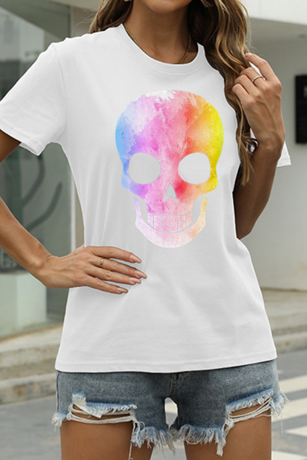 White Fashion Casual Skull Head Print Basic O Neck T-Shirts