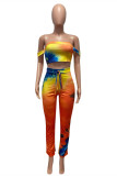 Red Blue Fashion Sexy Casual Print Tie Dye Backless Slit Strapless Sleeveless Two Pieces