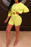 Yellow Fashion Casual Solid Bandage O Neck Half Sleeve Two Pieces
