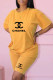Yellow Fashion Casual Print Letter O Neck Short Sleeve Two Pieces