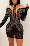 Black Fashion Sexy Patchwork Hot Drilling See-through Half A Turtleneck Long Sleeve Dresses