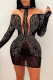 Black Fashion Sexy Patchwork Hot Drilling See-through Half A Turtleneck Long Sleeve Dresses