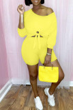 Yellow Fashion Casual Solid Bandage O Neck Half Sleeve Two Pieces