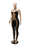 Black Fashion Sexy Patchwork Bandage See-through Backless Halter Skinny Jumpsuits