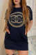 Black Fashion Casual Bronzing Letter O Neck One Step Skirt Dresses